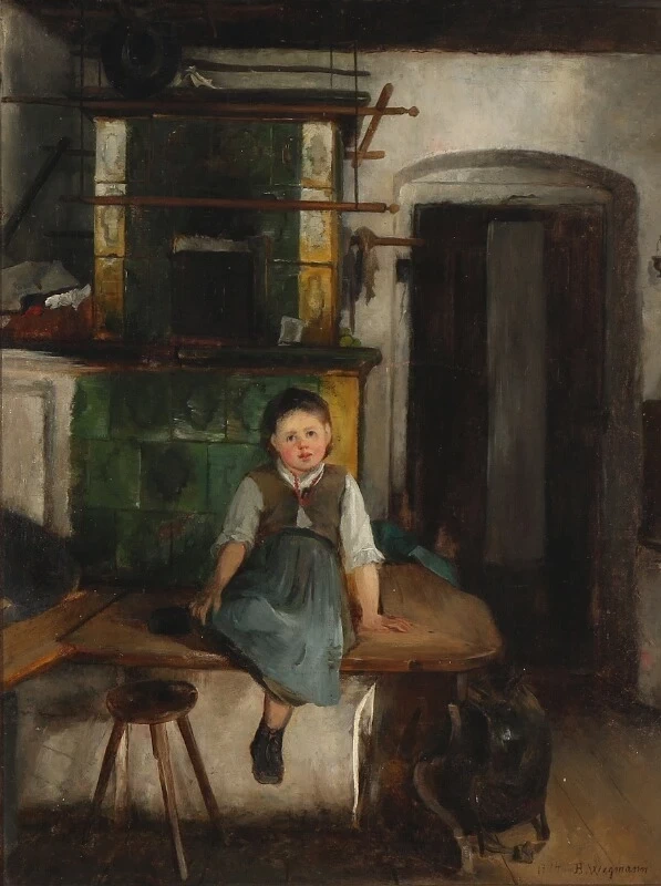 Interno di cucina con una ragazza seduta su un tavolo vicino alla stufa, 1872